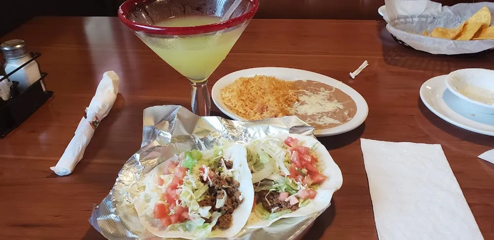Ground Beef Tacos and Beans and Rice with a Jumbo Margarita